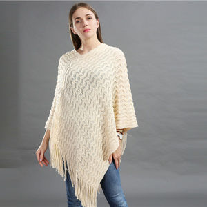 ❤️5/$15💚 Assimetrical CreamKnit Openwork Shevron Poncho Stole with Fringe